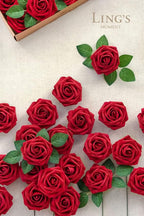 Ling's moment Artificial Flowers 50Pcs Kentucky Red Roses Decor w/Stems,3" Real Touch DIY Foam Floral for Wedding Bouquet/Centerpieces, Outdoors Party Backdrop, Room/Table, and Garden/Pot Decorations