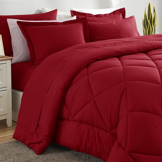 CozyLux Queen Comforter Set Dark Red - Bed in a Bag Queen Size 7 Pieces, Luxury Soft Bed Set for All Seasons, Bedding Set with Down Alternative Comforter, Sheets, Pillowcases & Shams