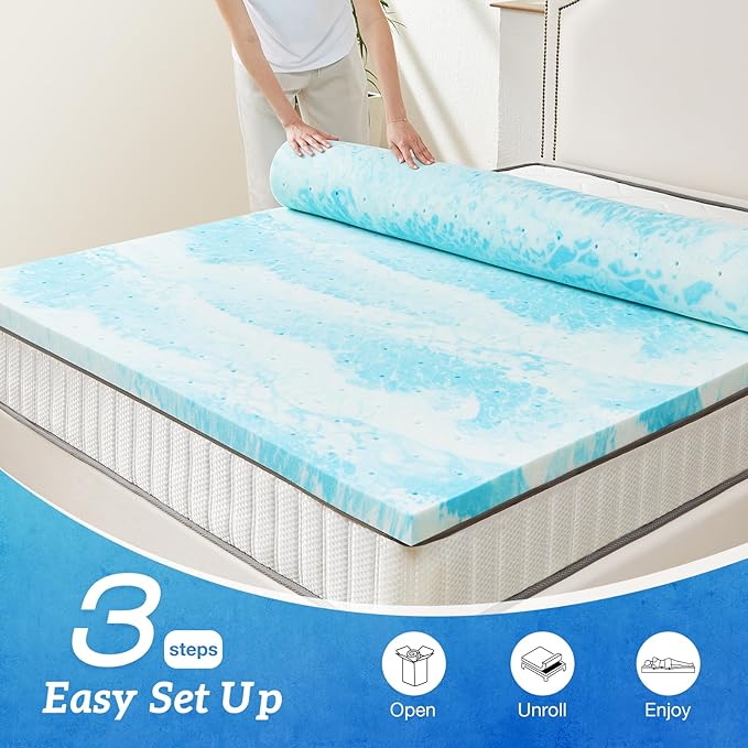 Sweetcrispy Mattress Topper Full, 3 Inch Thick Memory Foam Gel Infused Cooling Toppers Pad for Full Size Bed, Sleeper Sofa, RV, Camper, CertiPUR US Certified, Ventilated and Breathable, Blue