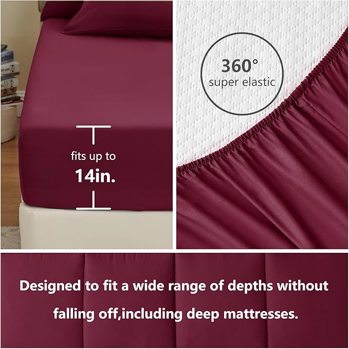CozyLux Full Size Comforter Sets Burgundy, 7 Pieces Bed in a Bag, Red Comforter Full Size, All Season Bedding Sets with Stitch Quilted Comforter, Flat Sheet, Fitted Sheet, Pillowcases