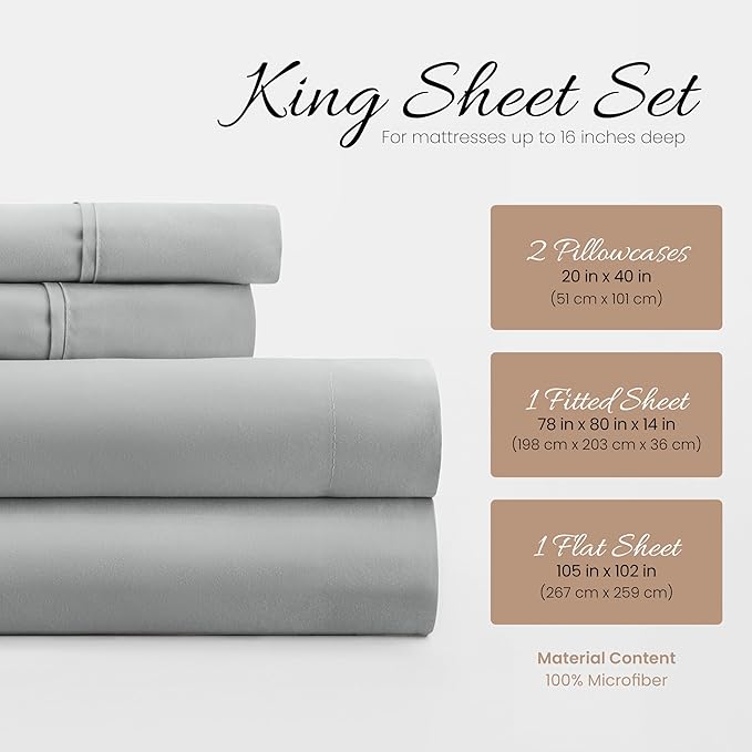 Linen Market Double-Brushed Microfiber King Sheet Set 4 Piece – Oeko-TEX Certified Ultra Soft & Wrinkle-Free - 16" Deep Pocket Sheets - Easy Care King Size - Light Gray