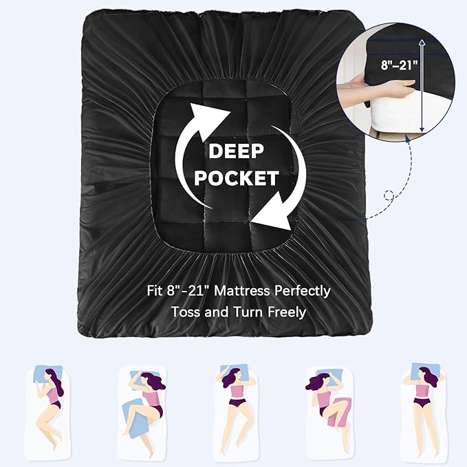 CYMULA Full Size Mattress Topper, Black Cooling Mattress Pad Cover, Thick Full Bed Pillow Topper Soft Firm with Deep Pockets, Washable Plush Down Alternative Fill Mattress Protector