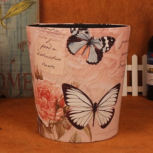 10L/2.64 Gallon Trash Can, Decorative Waste Basket, PU Leather Waste Paper Basket, Waterproof Garbage Can for Bathroom, Bedroom, Office, Kitchen and Living Room - Butterfly and Rose