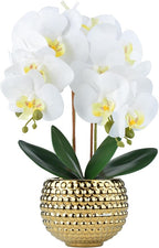 Large Orchids Artificial Flowers, 17'' White Faux Orchids with Gold Pot for Living Room Decor, White Faux Orchid Plant for Bathroom Kitchen Home Indoor Hotel Decor (Large Gold)