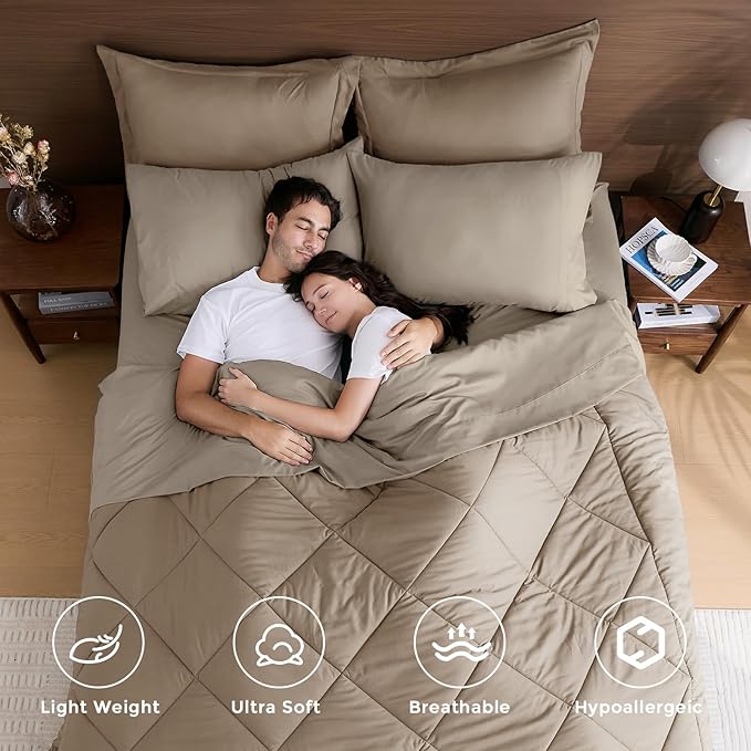 HEVUMYI Khaki & Linen Queen Comforter Set - 7-Piece All Season Bed in a Bag Queen, Ultra Soft Bedding Set with Comforter, Flat Sheet, Fitted Sheet, Pillowcases, Pillow Shams
