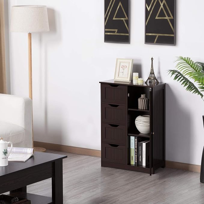 Yaheetech Wooden Bathroom Floor Cabinet, Side Storage Organizer Cabinet with 4 Drawers and 1 Cupboard, Freestanding Entryway Storage Unit Console Table, Home Decor Furniture, Brown