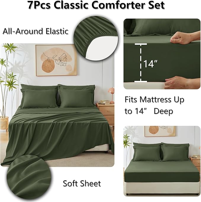 CozyLux Full Size Comforter Sets Olive Green - 7 Pieces Bed in a Bag Full, Luxury Soft Bed Set for All Seasons, Bedding Set with Down Alternative Comforter, Sheets, Pillowcases & Shams