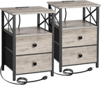 AMHANCIBLE Night Stand Set 2, Nightstand with Charging Station, End Tables Living Room with USB Ports and Outlets, Bedside Tables with Fabric Drawers for Bedroom, Greige HET05XGY