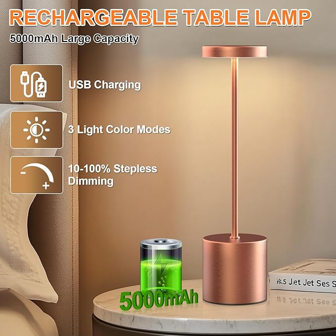 Rechargeable Table Lamp –Outdoor Touch Cordless Desk Lamps, 5000mAh Battery Operated Lamp with 3-Color Dimmable Light, Portable LED Lamp for Bedroom, Dining Room, Patio, Outdoor (Rose Gold)