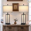 27in Tall Farmhouse Table Lamp Set of 2 with USB C+A & Outlet,Black Industrial End Table Lamp for Living Room,Vintage Rustic Bedside Lamps with Night Light for Bedroom Nightstand,Black