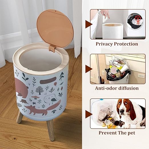 Small Trash Can with Lid Hand Drawn Colored Children s Set Cute Forest Animals Scandinavian Garbage Bin Pet Proof Waste Basket for Kitchen Bathroom Office Bedroom Decorative 1.8 Gallon