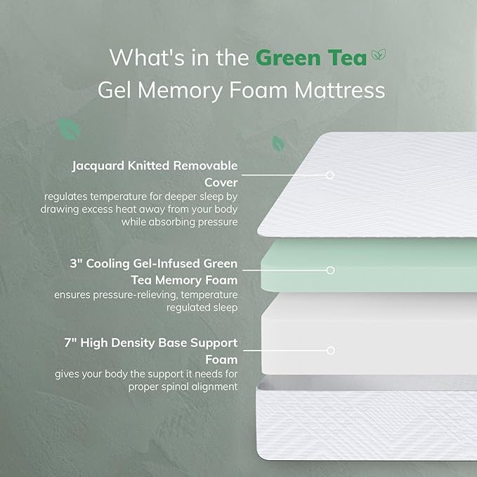 EGO White 10 inch Queen Memory Foam Mattress, Cooling Gel Green Tea Mattress Bed in a Box, CertiPUR-US Certified, Double Mattress, 60"×80", Medium Firm