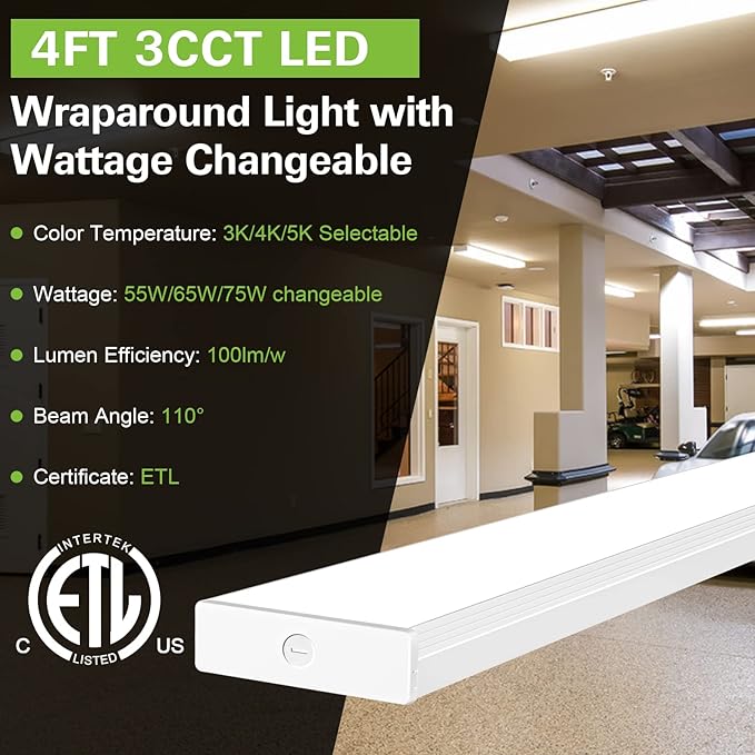 4 Pack 4FT LED Wraparound Light with 3 Wattages/3 Lumens/3 CCT Selectable, 55W/65W/75W, 5500lm/6500lm/7500lm, 3000K/4000K/5000K 4 Foot LED Wrap Light Fixture, Flush Mount Office Ceiling Light, ETL