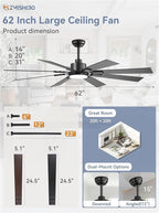 ZMISHIBO 62 inch Large Ceiling Fans with Lights and Remote, Indoor/Outdoor Black Modern Ceiling Fan for Kitchen Living Room Patio, 6 Speed Reversible Quiet DC Motor, 3 CCT, Dual Finish 8 Blades
