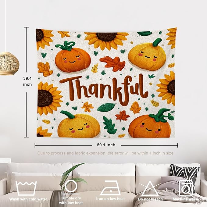 Batmerry Thankful Fall Pumpkins Tapestry, Happy Pumpkins Sunflowers Maple Leaves Wall Art Hanging Decoration Polyester Fiber White Ruffled Around for Dorm Room Bedroom Living Room, 39.1x59.1 inches