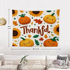 Batmerry Thankful Fall Pumpkins Tapestry, Happy Pumpkins Sunflowers Maple Leaves Wall Art Hanging Decoration Polyester Fiber White Ruffled Around for Dorm Room Bedroom Living Room, 39.1x59.1 inches