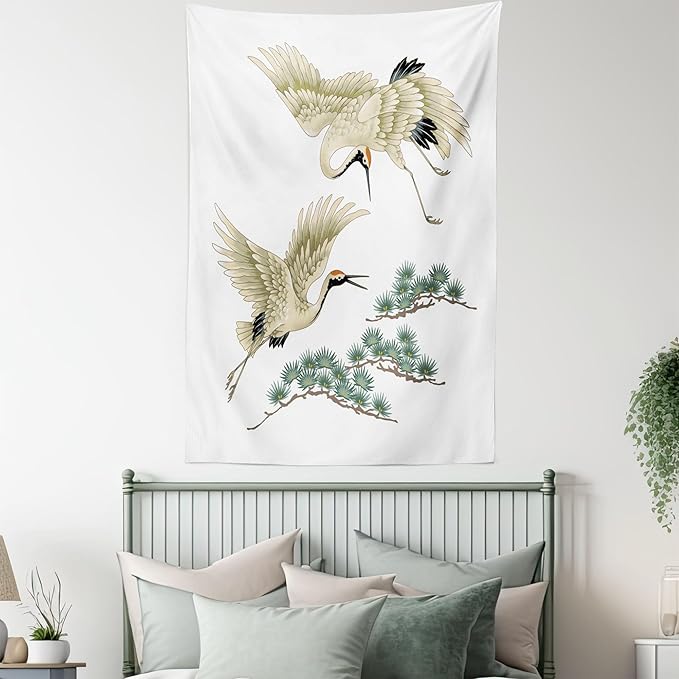 Lunarable Bird Tapestry Twin Size, 2 Japanese Cranes Flying Traditional Painting Style Far Eastern Illustration, Wall Hanging Bedspread Bed Cover Wall Decor, Twin Size, Ivory Green Black