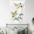 Lunarable Bird Tapestry Twin Size, 2 Japanese Cranes Flying Traditional Painting Style Far Eastern Illustration, Wall Hanging Bedspread Bed Cover Wall Decor, Twin Size, Ivory Green Black