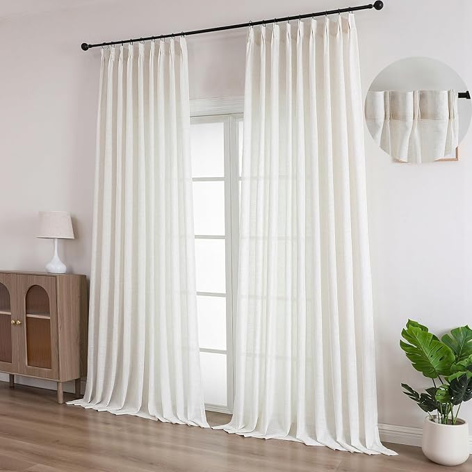 Neutral Linen Sheer Pinch Pleated Sliding Door Curtains, 2x50 Inches Width, Ivory Beige Light Filtering Drapes 96 Inches Long, Textured Modern Farmhouse Window Curtain Panels