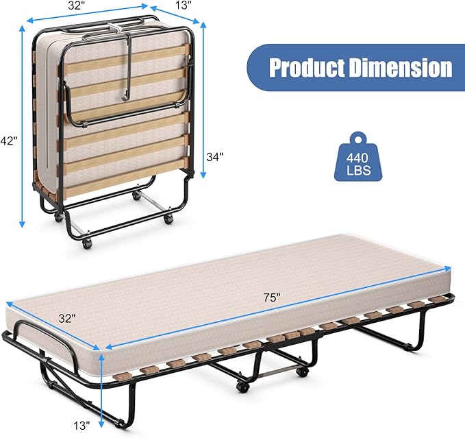 Giantex Folding Bed with Mattress for Adults, Rollaway Guest Beds w/Memory Foam Mattress & Metal Frame, Made in Italy, Cot Size Rollaway Bed, Portable Foldable Sleeper Bed for Home, Beige
