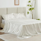 Love's cabin Full Size Satin Sheet Sets - 4 Piece Ivory Silky Sheet Set Full with Deep Pocket, Luxury Silk Feel Bed Sheets Full Bedding Set (1 Flat Sheet,1 Fitted Sheet,2 Pillow Cases)