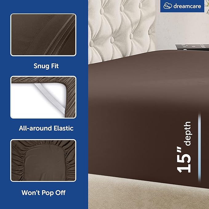 DREAMCARE Queen Size Sheets - Cooling Bed Sheets - 4pcs Set - up to 15" Deep Pocket Queen Sheet Set - Sheets Queen Size Bed - Soft & Long Lasting 100% Fine Microfiber with Side Pocket - Mocha Brown