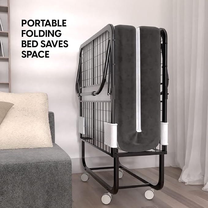 EconoHome Folding Bed with Mattress - 75x31 Cot Size Frame - Portable Rollaway Guest Bed with 5-inch Memory Foam Mattress - Space-Saving Foldable Design for Easy Storage (31 Inch)