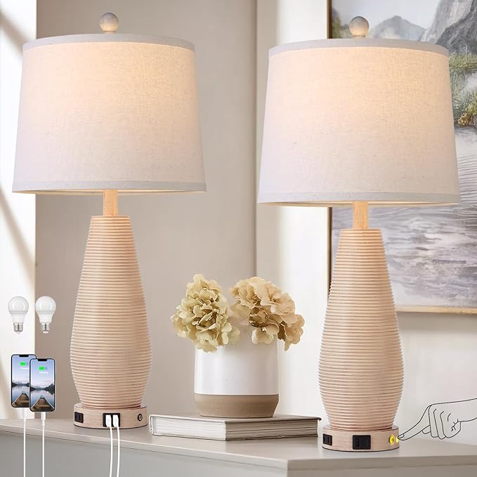 Farmhouse Table Lamps Set of 2 with USB C+A Ports and AC Outlet, 3 Way Touch Rustic Bedside Lamps for Living Room, 26.5" Cream Vintage Lamps for Bedroom Nightstand