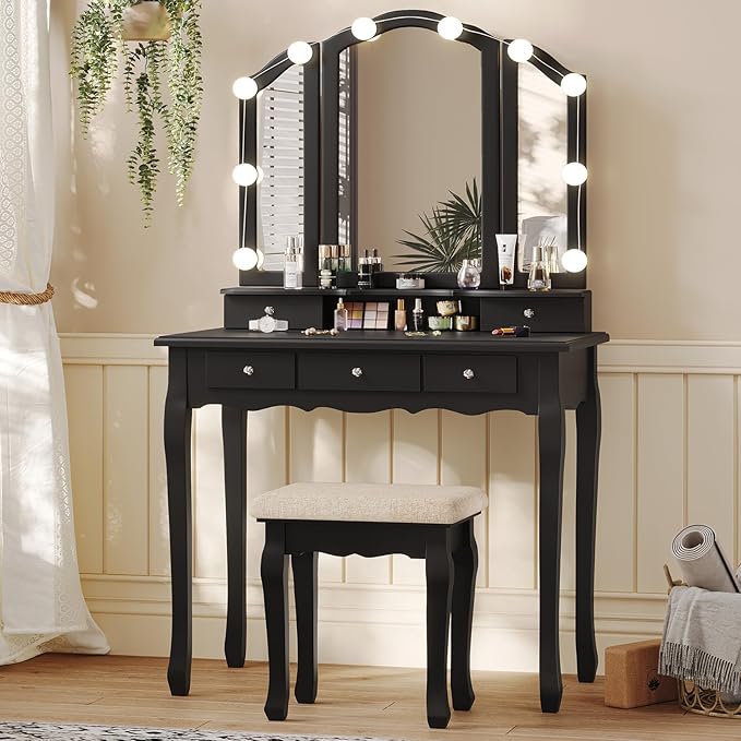 Tiptiper Makeup Vanity with Lights, Vanity Desk with 10 Light Bulbs & 3 Color Lighting Modes, Vanity Table with 5 Drawers and Cushioned Stool, Makeup Table with Tri-Fold Mirror for Women Girls, Black