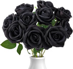 Black Roses Artificial Flowers 10 Pack in Bulk, Black Fake Roses Flowers Realistic Roses for Halloween Gothic Wedding Home Party Decoration Event Gift