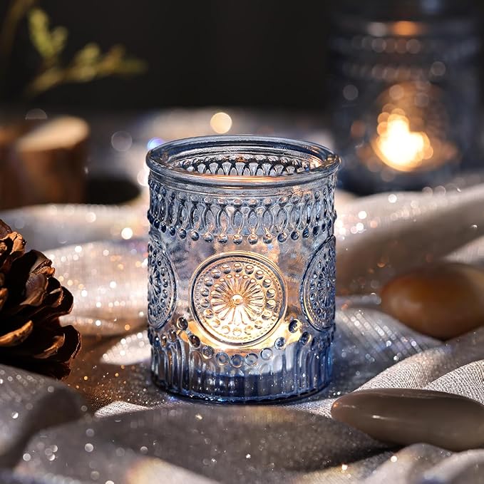 DARJEN Blue Votive Candle Holders Set of 36- Glass Candle Holders Bulk for Tea Light Candle, Embossed Candle Votives for Wedding Centerpiece, Living Room & Home Table Decor