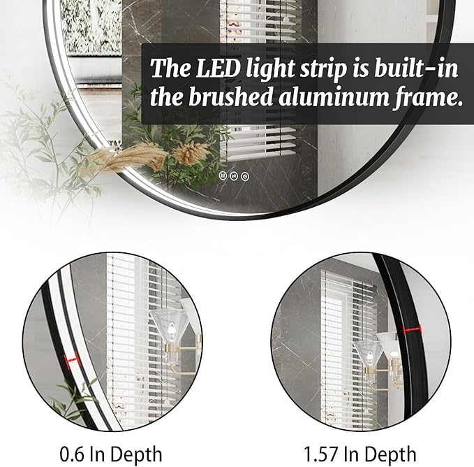 28 Inch Round LED Bathroom Mirror, Black Metal Framed Lighted Mirror for Bathroom, Wall Mouted LED Vanity Mirror with Lights, 3 Colors and Stepless Dimmable, Anti-Fog, Memory