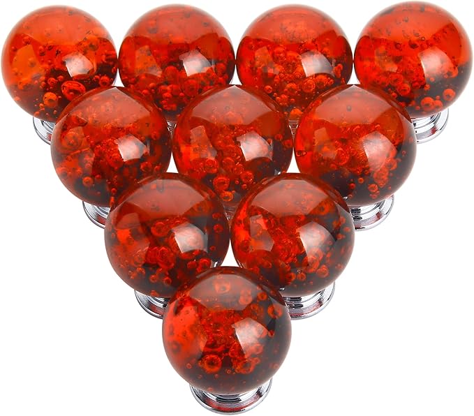 10 PCS Crystal Cabinet Knobs Round Glass Bubbles Dresser Knobs Smooth Drawer Knobs Handle for Home, Cabinet, Drawer and Dresser Hardware with 3 Different Size Screws, 30MM (Red)