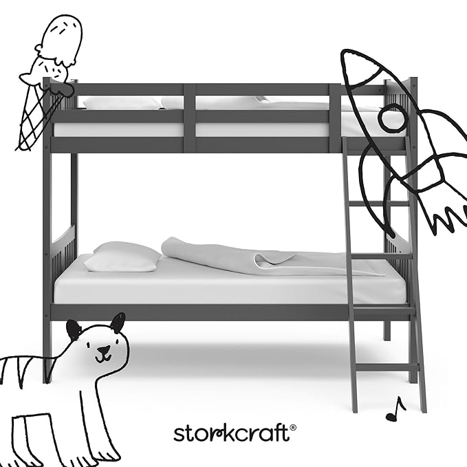 Storkcraft Caribou Bunk Bed Twin Over Twin Bunk Bed (Gray) - GREENGUARD Gold Certified, Twin Bunk Beds for Kids, Converts to 2 Individual Twin Beds, Bunk Beds for Kids