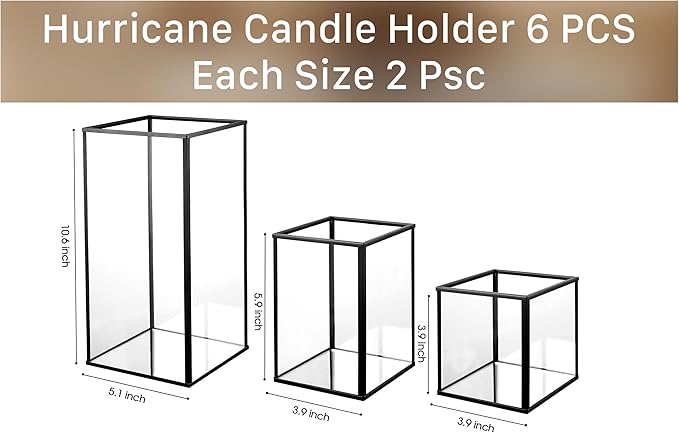 Phosphor 6 PCS Glass Hurricane Candle Holder, Black Glass Candle Holder for Wedding Party Christmas Or Home Decor