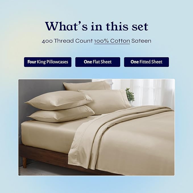 California Design Den 6 Piece King Size Sheets Set with 4 Pillowcases - Soft 400 Thread Count Sateen, 100% Cotton Sheets King Size with Deep Pockets, Cool and Durable Bedding Set - Beige (Golden Tone)