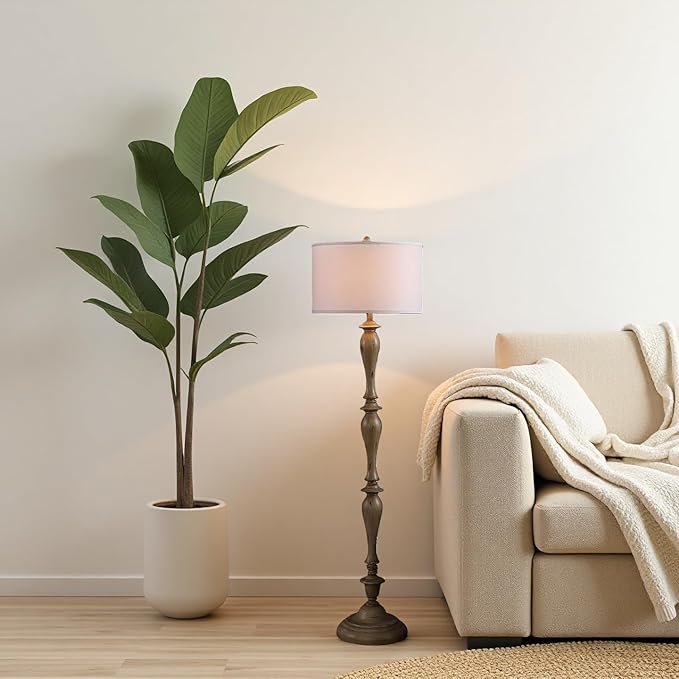 Design Floor Lamp Reading Light with Linen Shade, 61.5" Resin Farmhouse Floor Lamp, Vintage Standing Lamp for Living Room Bedroom Office (Brown 1 Pack)