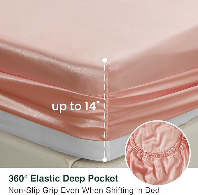 Love's cabin Twin XL 3Pc Satin Sheet Set, Coral Silky Satin Bed Sheets with Deep Pockets, Luxury Silk Feel, Envelope Closure