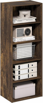 Furinno Basic Book Shelf, 5-Tier Bookshelf, Cube Storage Organizer Bookcase with Open Shelf, 11 x 17 x 44, for Living Room, Bedroom, Home Office, Amber Pine