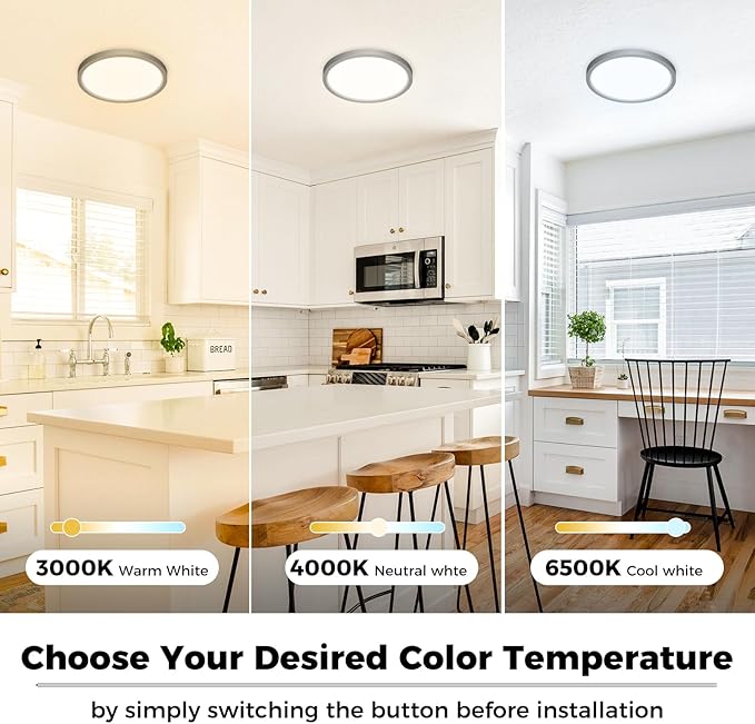 zemty 2Pack LED Ceiling Light Fixture 6.5 Inch, 12W 1200lm Ceiling Mount Light Fixtures, Adjustable 3000K 4000K 6500K, Round Flat Ceiling Lamp for Bathroom Closet Hallway Laundry (Black)