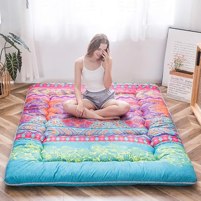 MAXYOYO Bohemian Retro Mattress Boho Floral Japanese Futon Mattress Tatami Floor Mat Foldable Portable Camping, Sleeping Pad, Lounger Couch Bed Full Size