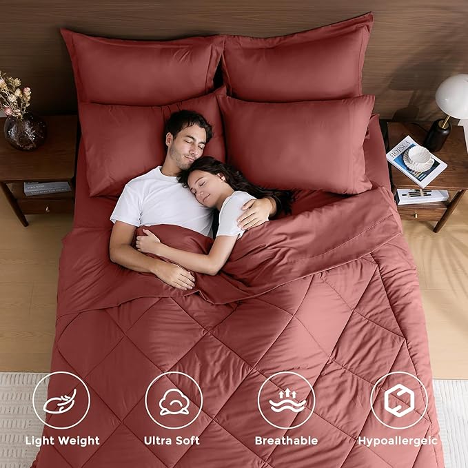HEVUMYI Terracotta Cali-King Comforter Set - 7-Piece All Season Bed in a Bag Cali-King, Ultra Soft Bedding Set with Comforter, Flat Sheet, Fitted Sheet, Pillowcases, Pillow Shams