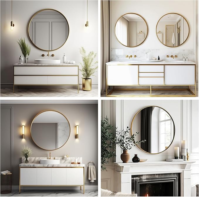 Gold Round Mirror 16 inch, Small Round Mirror, Gold Circle Mirrors, Metal Frame Circle Mirrors for Bathroom, Bedroom, Vanity, Wall Decor.