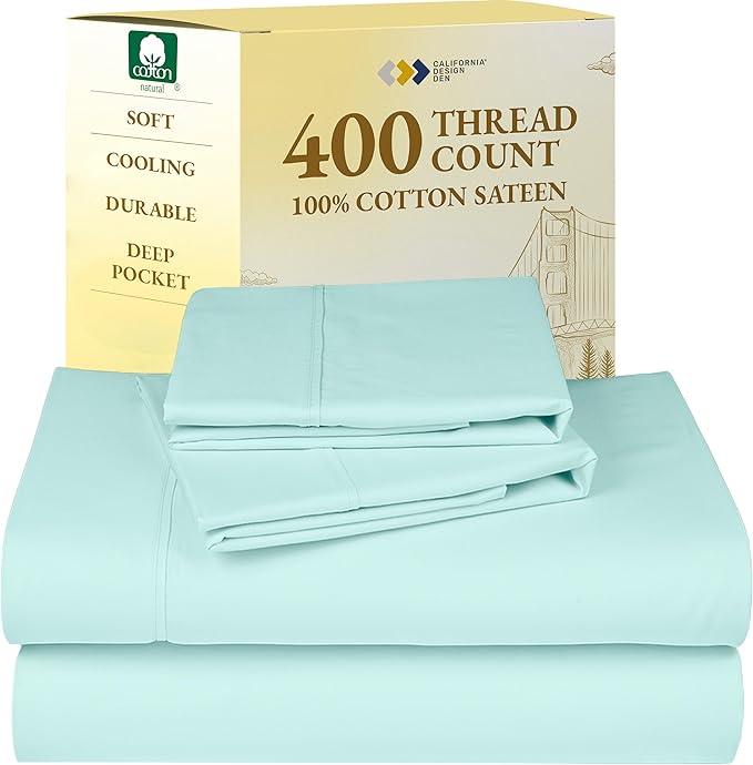 California Design Den Full Size Bed Sheets Set - Soft 400 Thread Count Sateen, Natural 100% Cotton Sheets with Deep Pockets, Breathable, Cooling and Durable Bedding Set - Seafoam