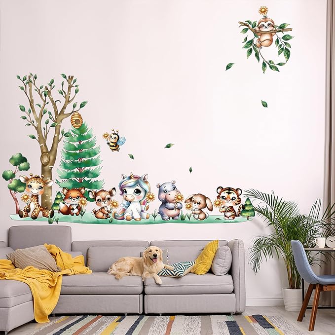 Jungle Animal Wall Stickers Forest Safari Wall Decals Kid Room Nursery Baby Bedroom Décor (Animal Chrysanthemum)