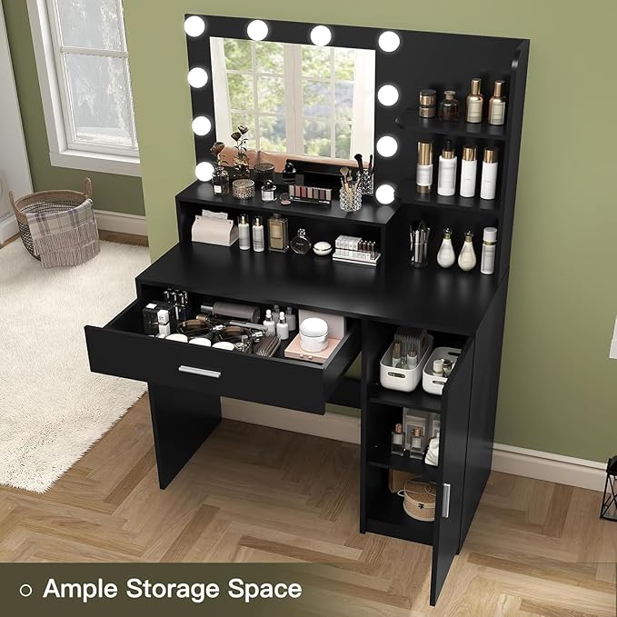 Quimoo Makeup Vanity Desk with Mirror & Lights, Vanity Desk with 5 Drawers & Storage Shelves, Vanity Table, 3 Color Modes & Adjustable Brightness Dressing Table, Bedroom, Black