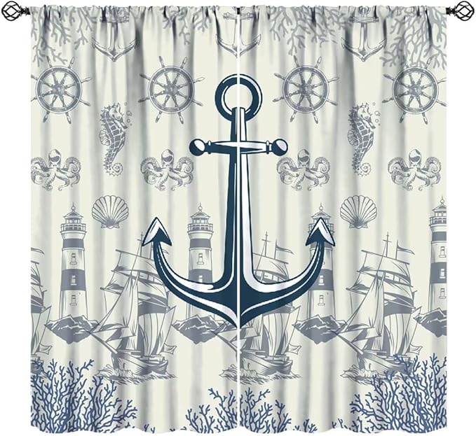 Nautical Anchor Curtains, Vintage Sailboat Ocean Coastal Lighthouse Window Drapes, Navy Blue Coral Shell Seahorse Beach Print Blackout Window Treatments for Living Room Bedroom 63x72in