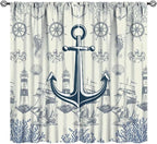 Nautical Anchor Curtains, Vintage Sailboat Ocean Coastal Lighthouse Window Drapes, Navy Blue Coral Shell Seahorse Beach Print Blackout Window Treatments for Living Room Bedroom 84x84in
