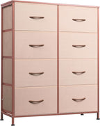 WLIVE Fabric Dresser for Bedroom, Tall Dresser with 8 Drawers, Storage Tower with Fabric Bins, Double Dresser, Chest of Drawers for Closet, Playroom, Dormitory, Pink and Rose Gold