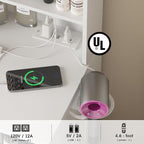 Vabches Vanity, Makeup Vanity Desk Set with Mirror & Light, Dressing Table Storage Lots with Power Strip, 3 Lighting Modes with Adjustable Brightness, 37 Inches (White) (White with Stool)
